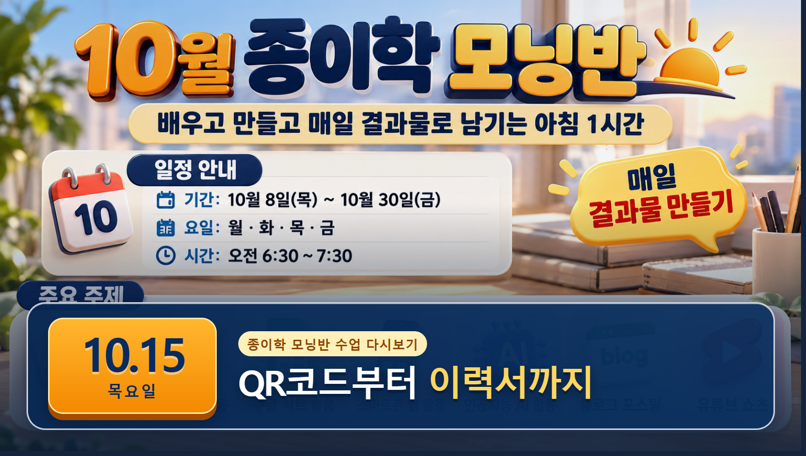 10월 15일 종이학 모닝 QR코드 이력서 유튜브 썸네일