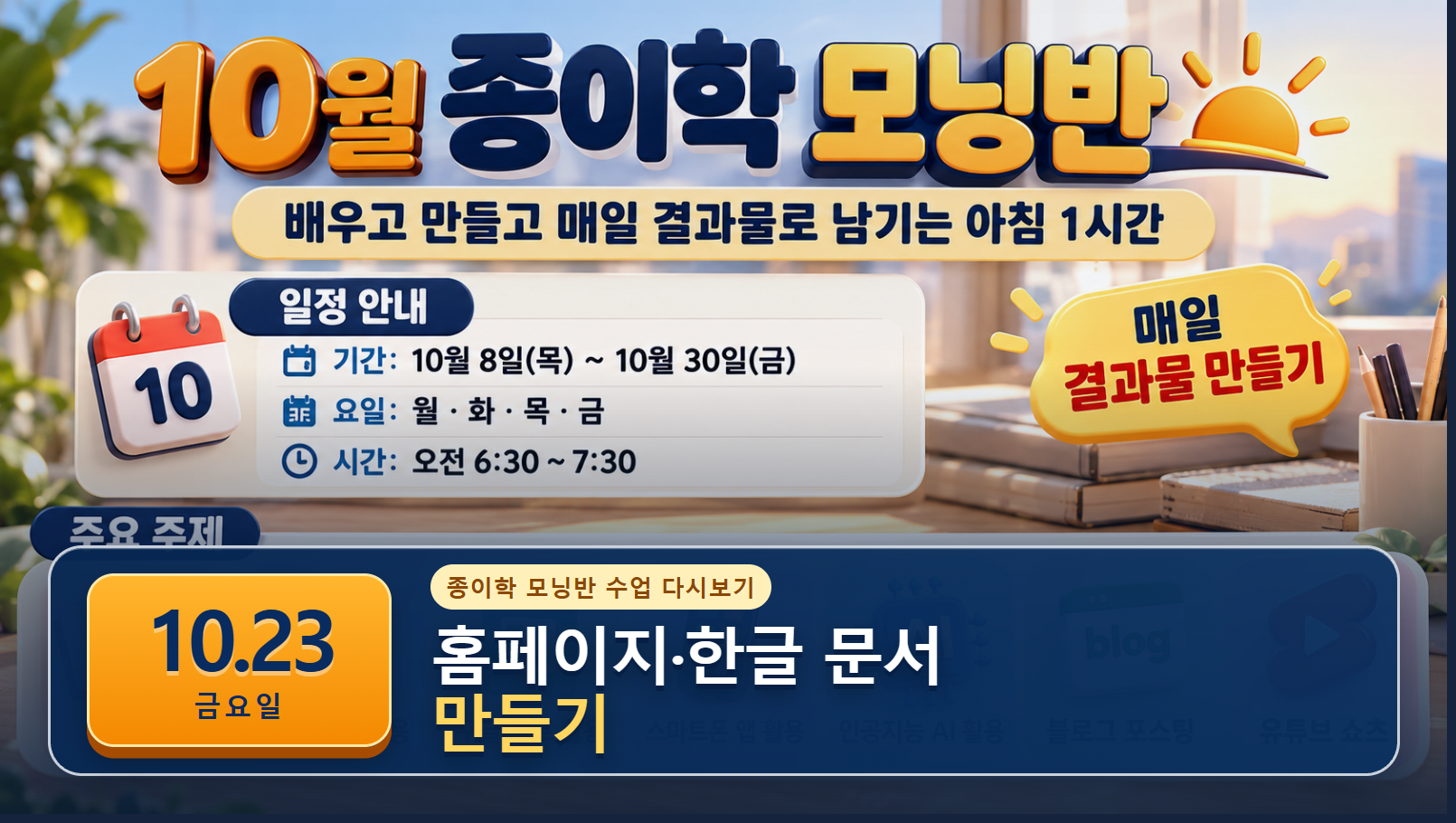 10월 23일 종이학 모닝 홈페이지 한글 문서 유튜브 썸네일